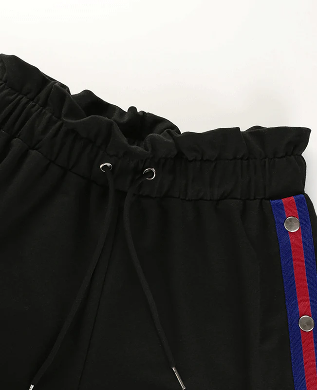 Side Button Black Patchwork Shorts-5
