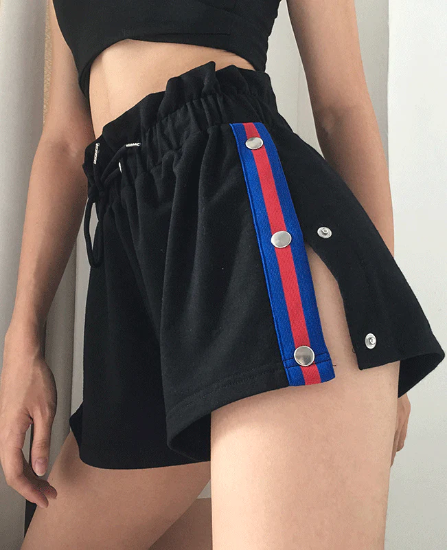 Side Button Black Patchwork Shorts