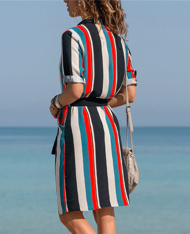 Chiffon Boho Beach Print A-line Casual Striped Dresses-3