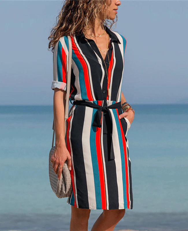 Chiffon Boho Beach Print A-line Casual Striped Dresses