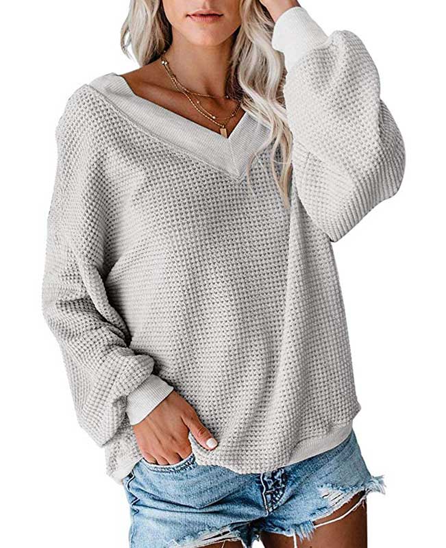 V Neck Waffle Knit Sweater-11