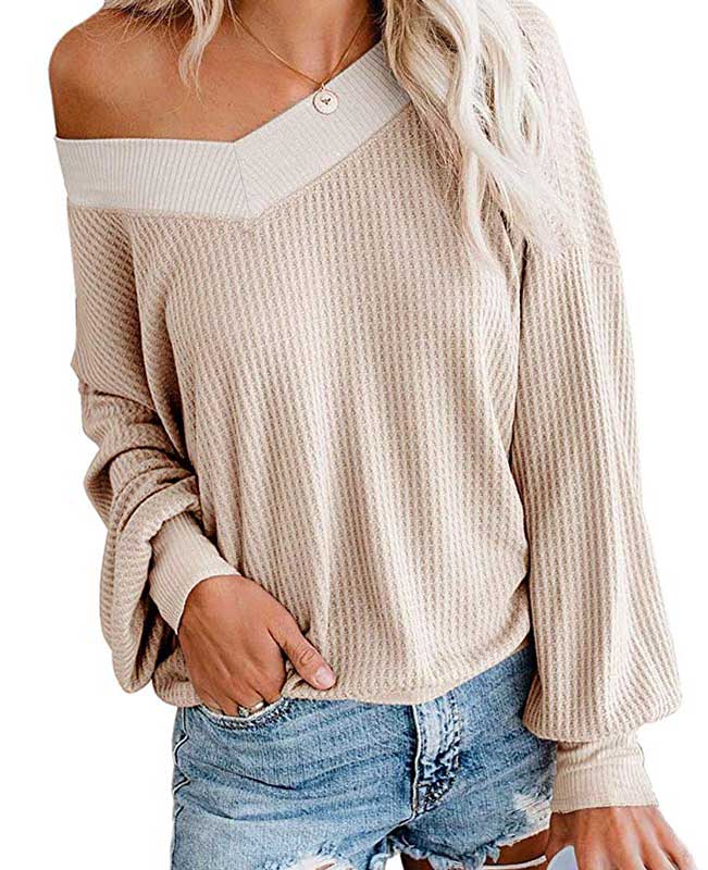 V Neck Waffle Knit Sweater-7