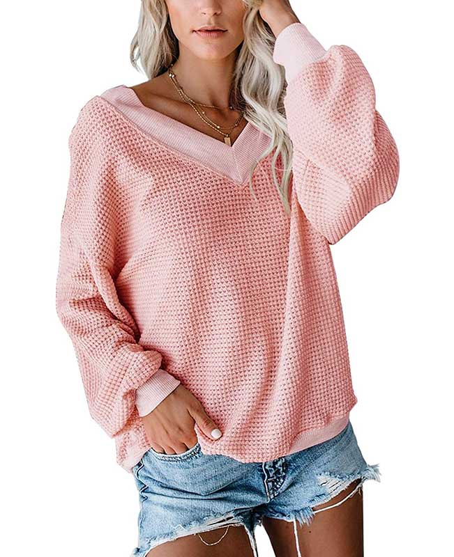 V Neck Waffle Knit Sweater-0