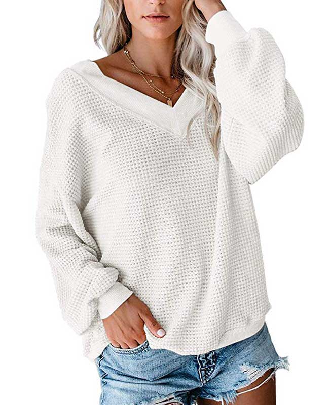 V Neck Waffle Knit Sweater-12