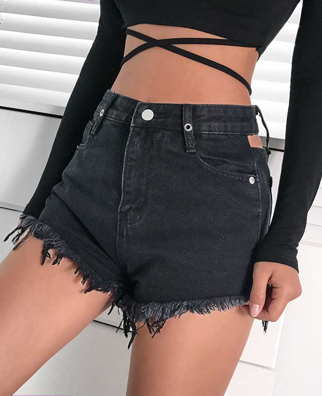 Black Rippled Denim Shorts