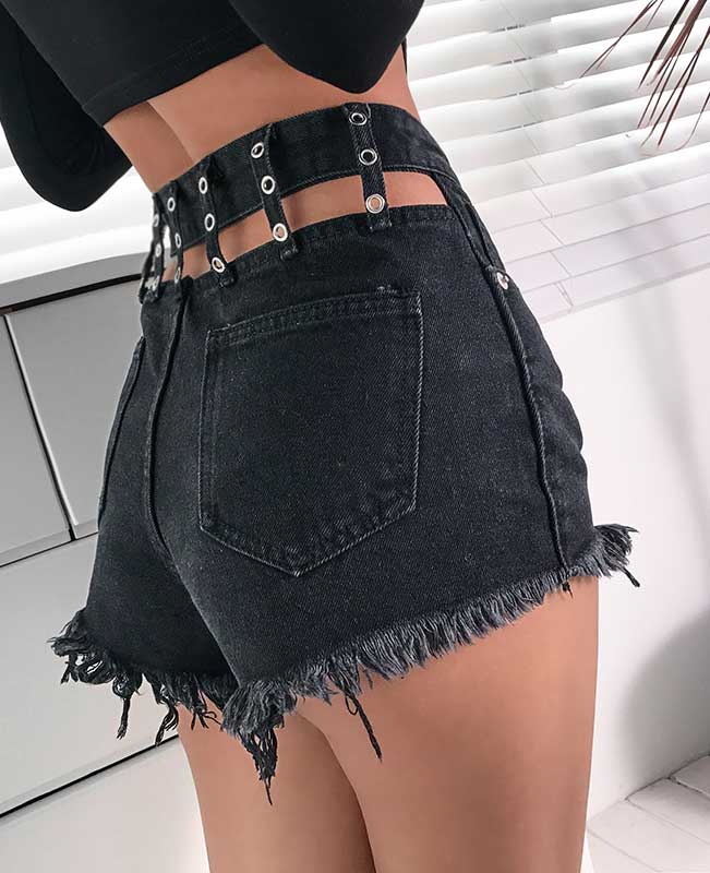 Black Rippled Denim Shorts
