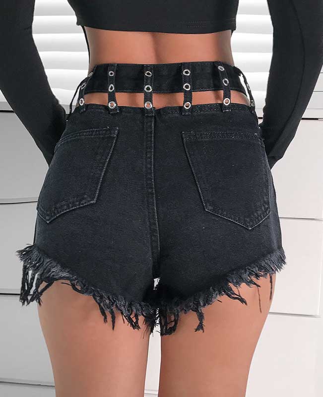 Black Rippled Denim Shorts-1