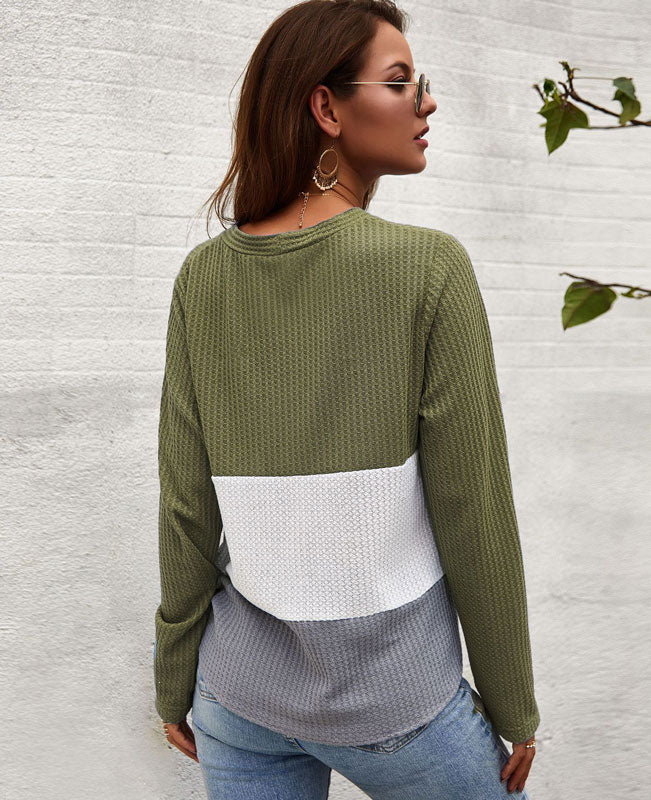 Color Patchwork Waffle Knit Shirt-9