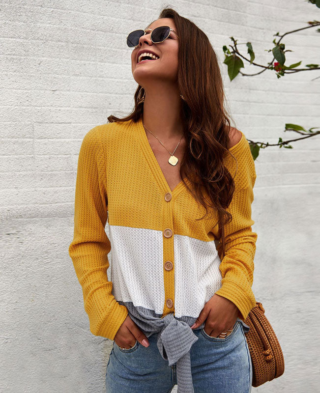 Color Patchwork Waffle Knit Shirt