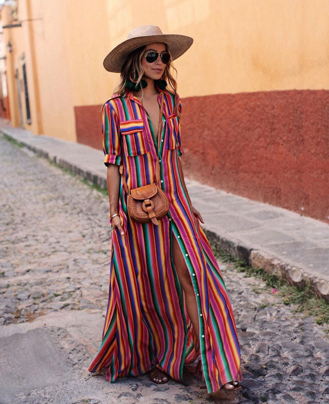 Striped Boho Long Dresses | Bohemia Striped Shirt Maxi Dress