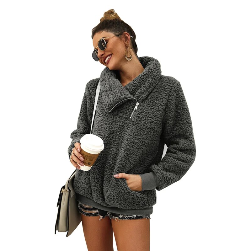 Oblique Zipper Sherpa Pullover