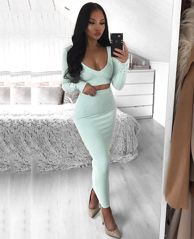 Long Sleeve Two Piece Bodycon Dress Long Sleeve Tight Dress---Seamido