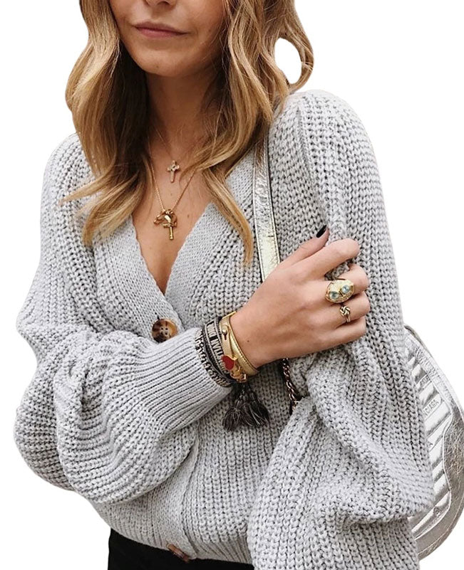 V-Neck Sweater Long Sleeve Cable Knit Cardigan