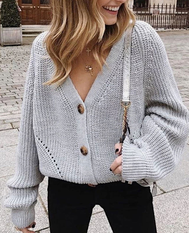 V-Neck Sweater Long Sleeve Cable Knit Cardigan