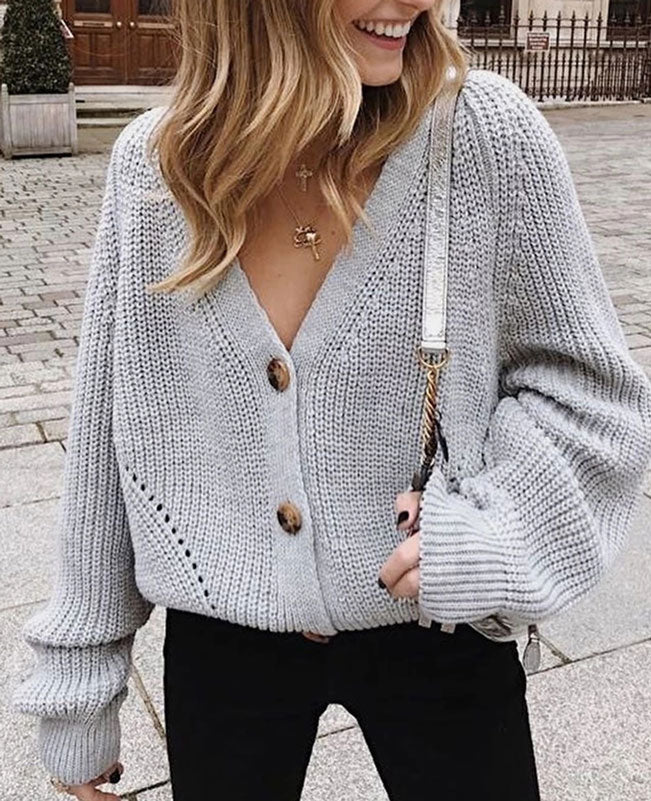 V-Neck Sweater Long Sleeve Cable Knit Cardigan