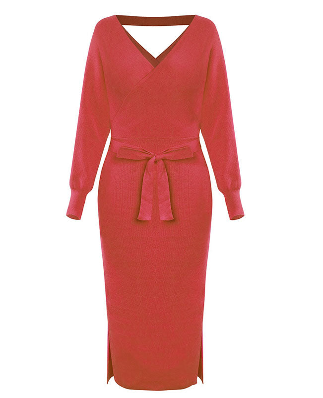 V Neck Long Sweater Dress-6