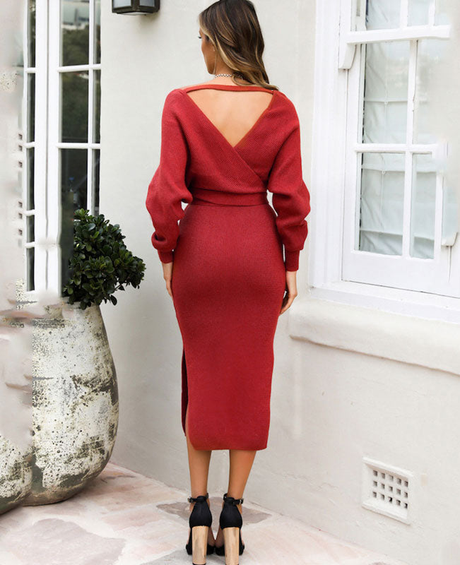 V Neck Long Sweater Dress-14