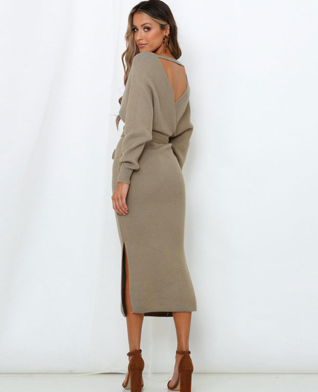 V Neck Long Sweater Dress-14