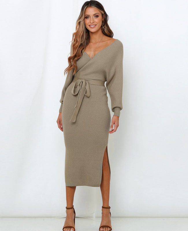 V Neck Long Sweater Dress
