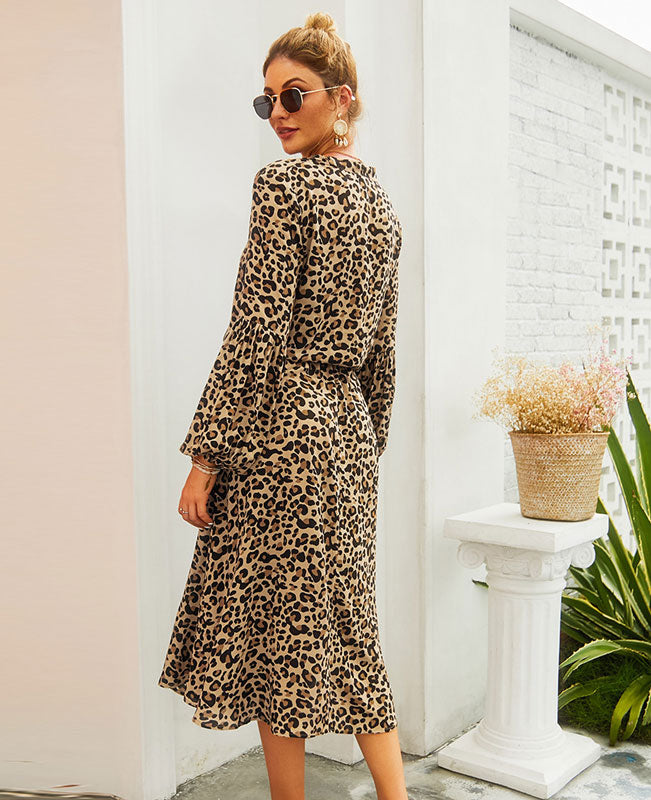 Leopard Print Shirt Dress Animal Print Dress Khaki Shirt Dress-- Seamido