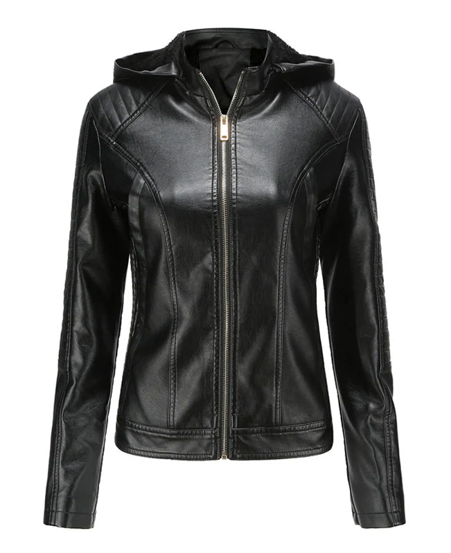 Plush Faux Leather Jacket with Hood-7