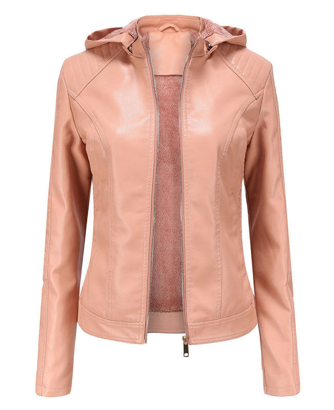Plush Faux Leather Jacket with Hood