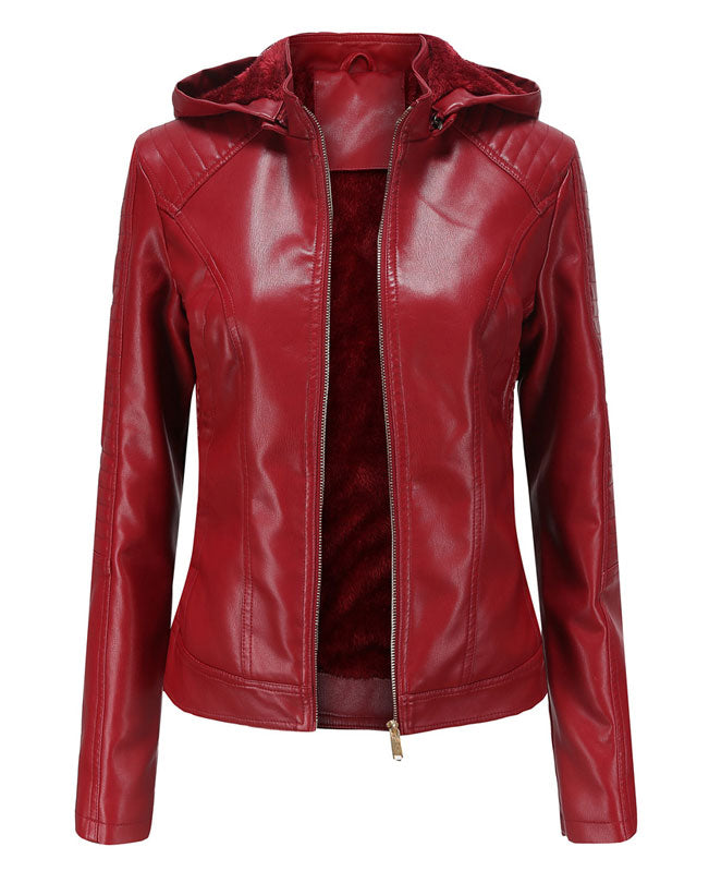 Plush Faux Leather Jacket with Hood