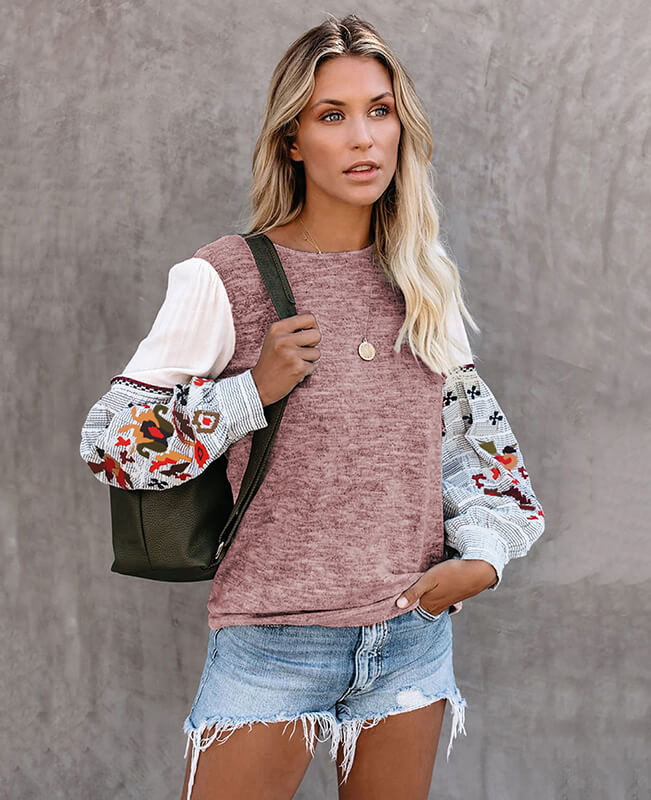 Womens Crew Neck Sweatshirt with Patchwork Design Sleeve Embrodiery