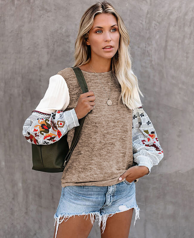 Womens Crew Neck Sweatshirt with Patchwork Design Sleeve Embrodiery