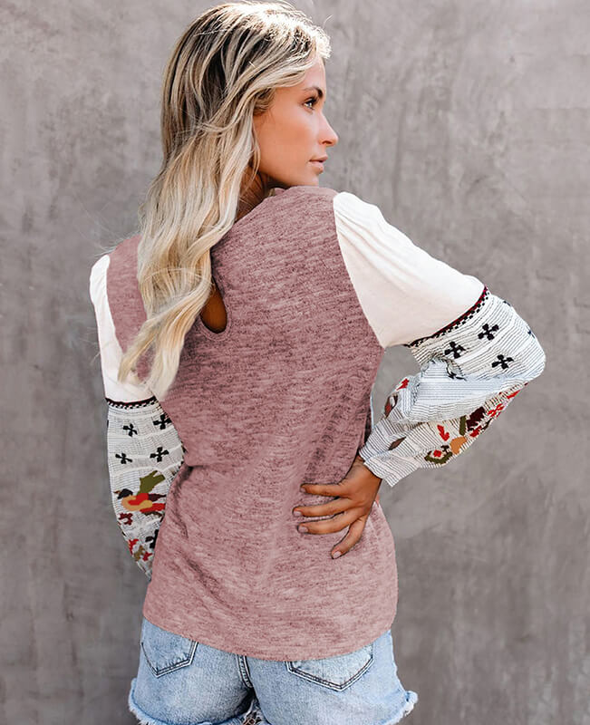Womens Crew Neck Sweatshirt with Patchwork Design Sleeve Embrodiery