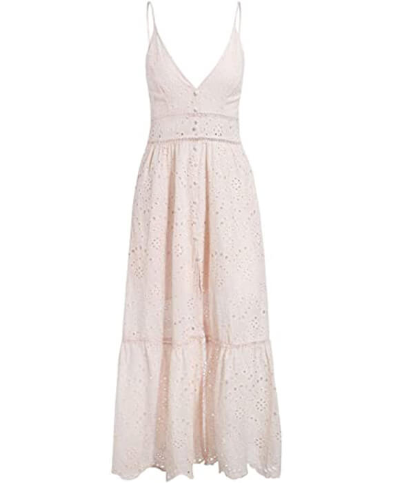V-Neck Button Hollow Out Lace Bohemian Dress