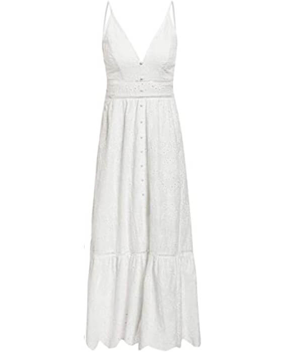 V-Neck Button Hollow Out Lace Bohemian Dress