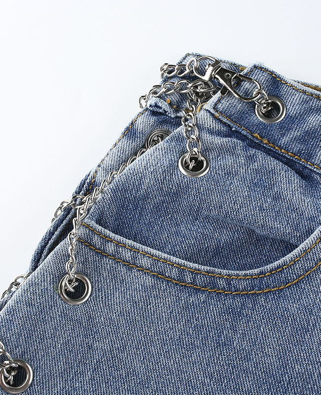 Iron Chain Hollow Out Jeans High Waist Ripped Jeans for Women