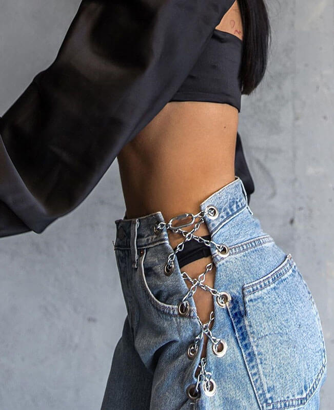 Iron Chain Hollow Out Jeans High Waist Ripped Jeans for Women