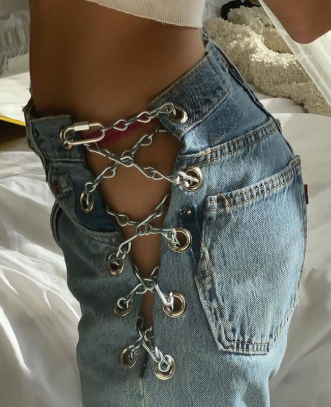 Iron Chain Hollow Out Jeans High Waist Ripped Jeans for Women
