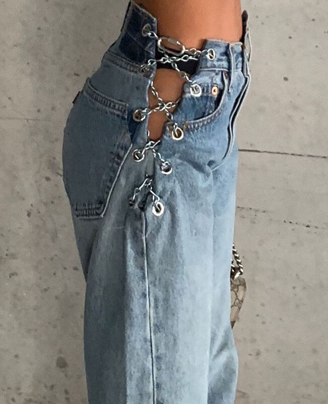 Iron Chain Hollow Out Jeans High Waist Ripped Jeans for Women
