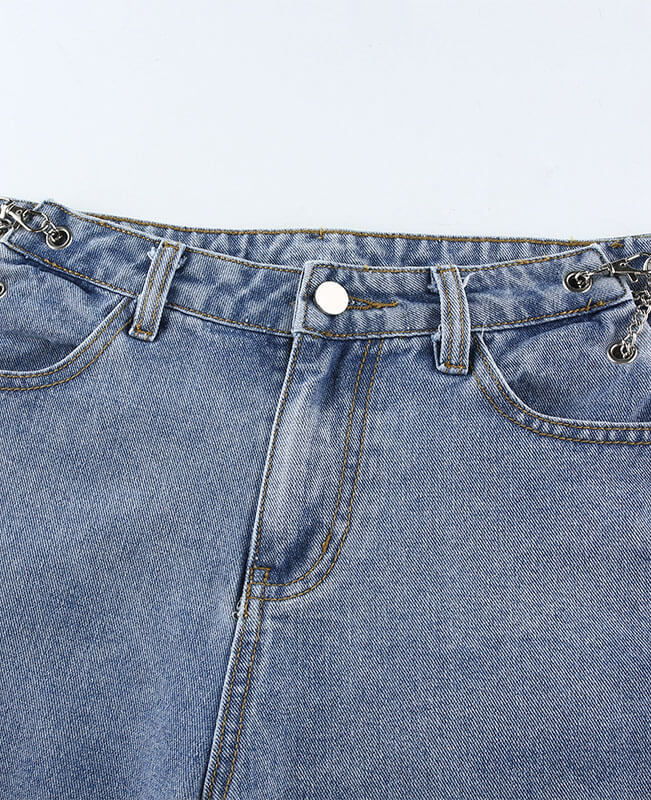 Iron Chain Hollow Out Jeans High Waist Ripped Jeans for Women