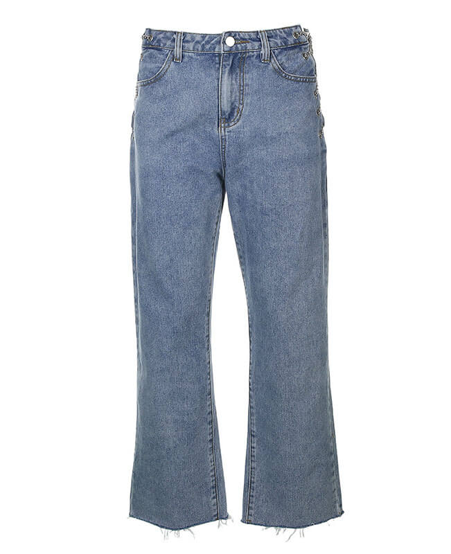 Iron Chain Hollow Out Jeans High Waist Ripped Jeans for Women