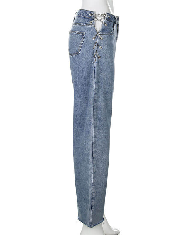 Iron Chain Hollow Out Jeans High Waist Ripped Jeans for Women