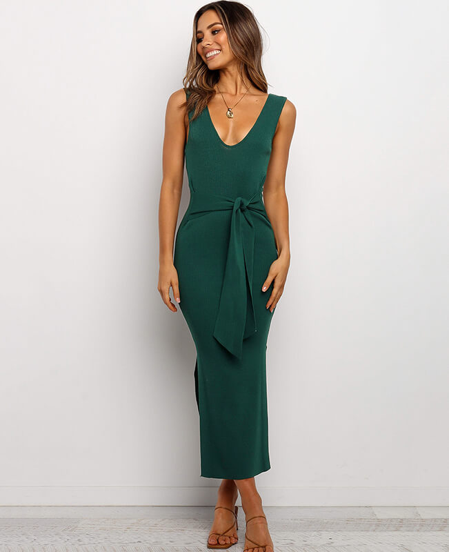Ribbed Tank Dress Side Split Midi Dress