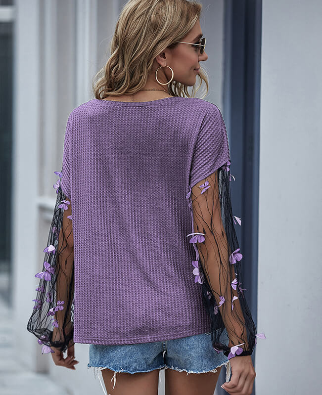 Patchwork Mesh Long Sleeve Top Blouse with Butterfly Design