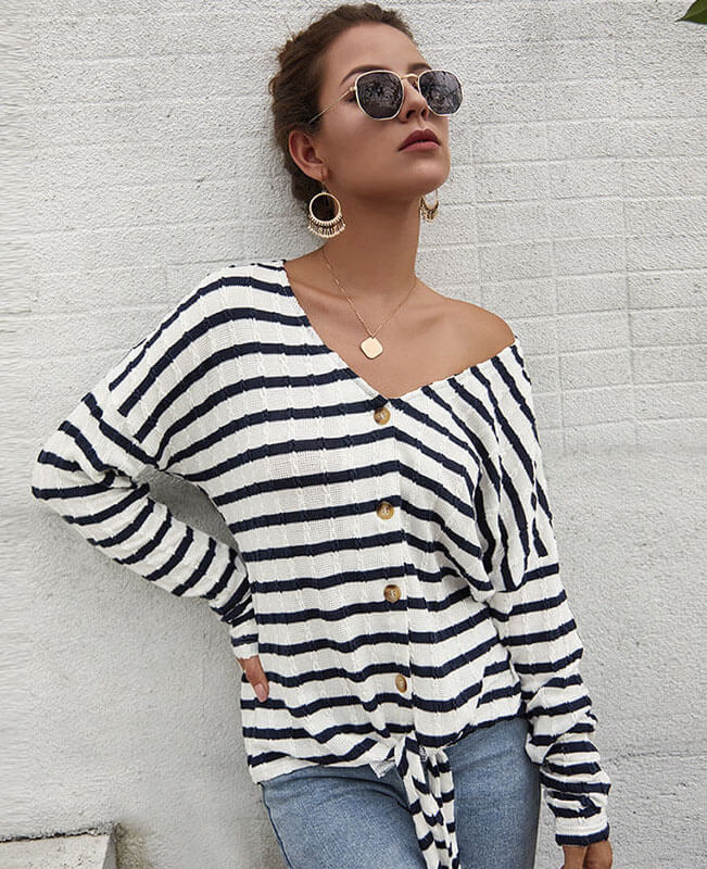 Casual Stripes Bow Tie Shirt Knit Tunic Blouse