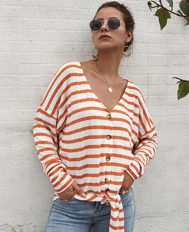 Casual Stripes Bow Tie Shirt Knit Tunic Blouse