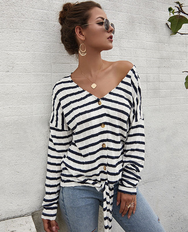 Casual Stripes Bow Tie Shirt Knit Tunic Blouse