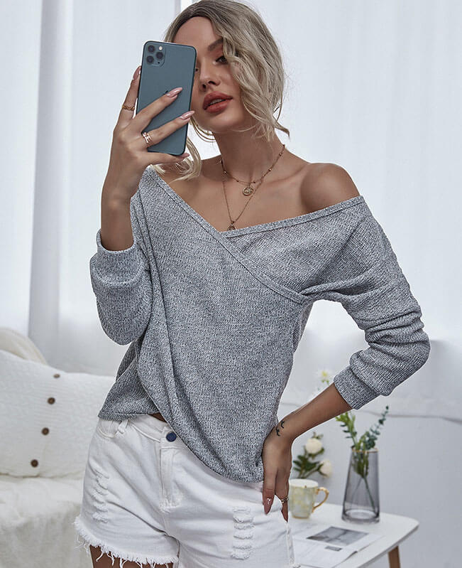 Casual V Neck Sweater for Women Off the Shoulder Sweater