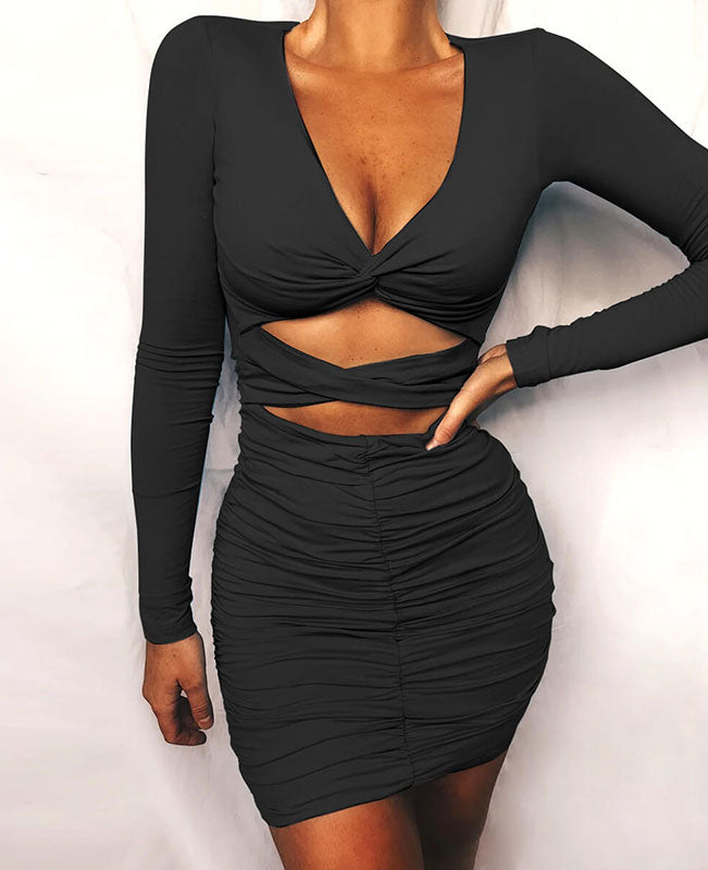 Long Sleeve Black Sexy Dress Hollow Out Dress