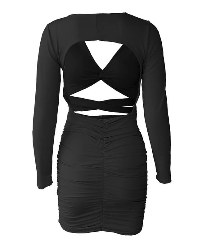 Long Sleeve Black Sexy Dress Hollow Out Dress
