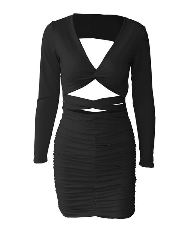 Long Sleeve Black Sexy Dress Hollow Out Dress
