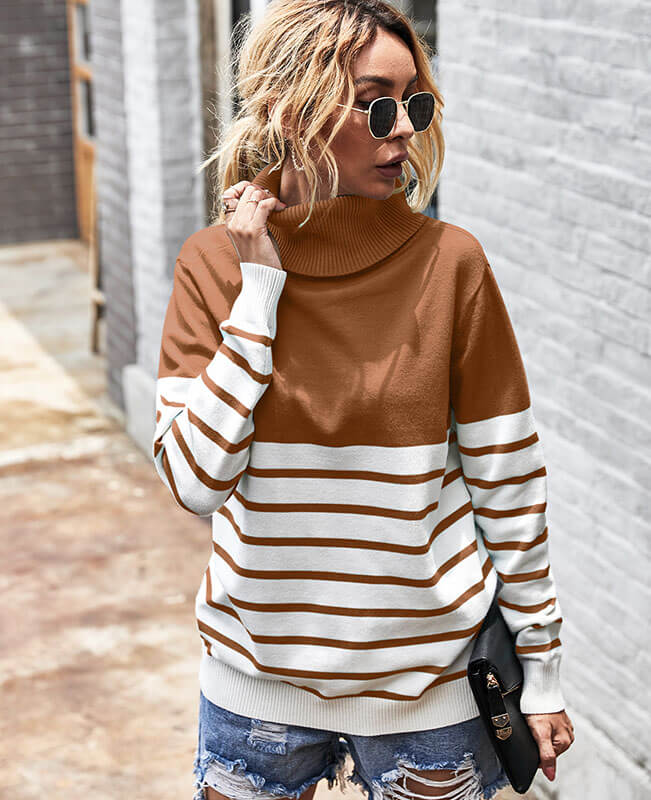 Long Sleeve Stripe Turtlenecks Sweater Cable Knit Sweater Womens