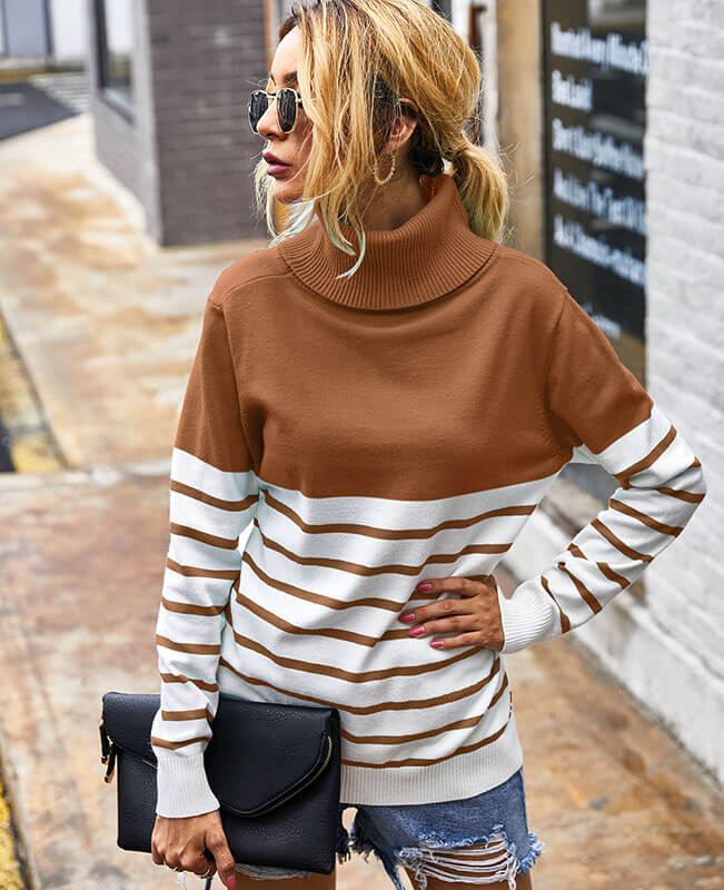 Long Sleeve Stripe Turtlenecks Sweater Cable Knit Sweater Womens